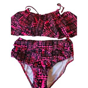 Hot Pink & Black Tribal Ruffle Two Pieces Swim suit Woman's Size XXL